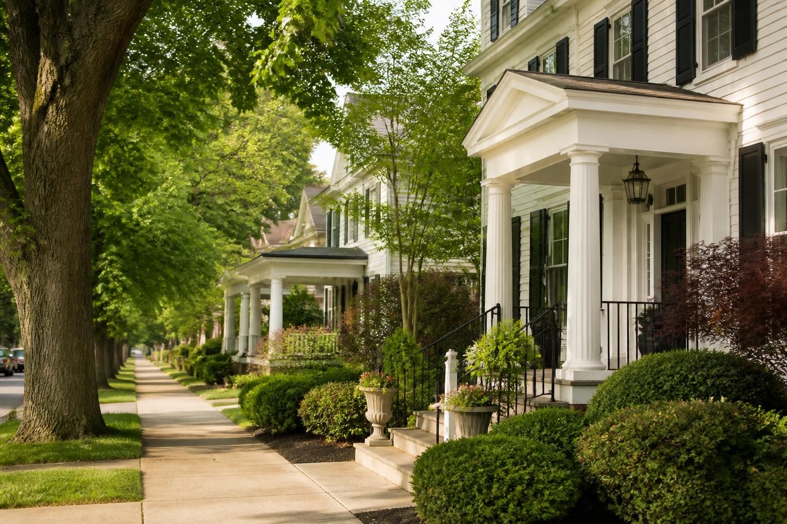 Elegant tree-lined residential street in Hudson, Ohio