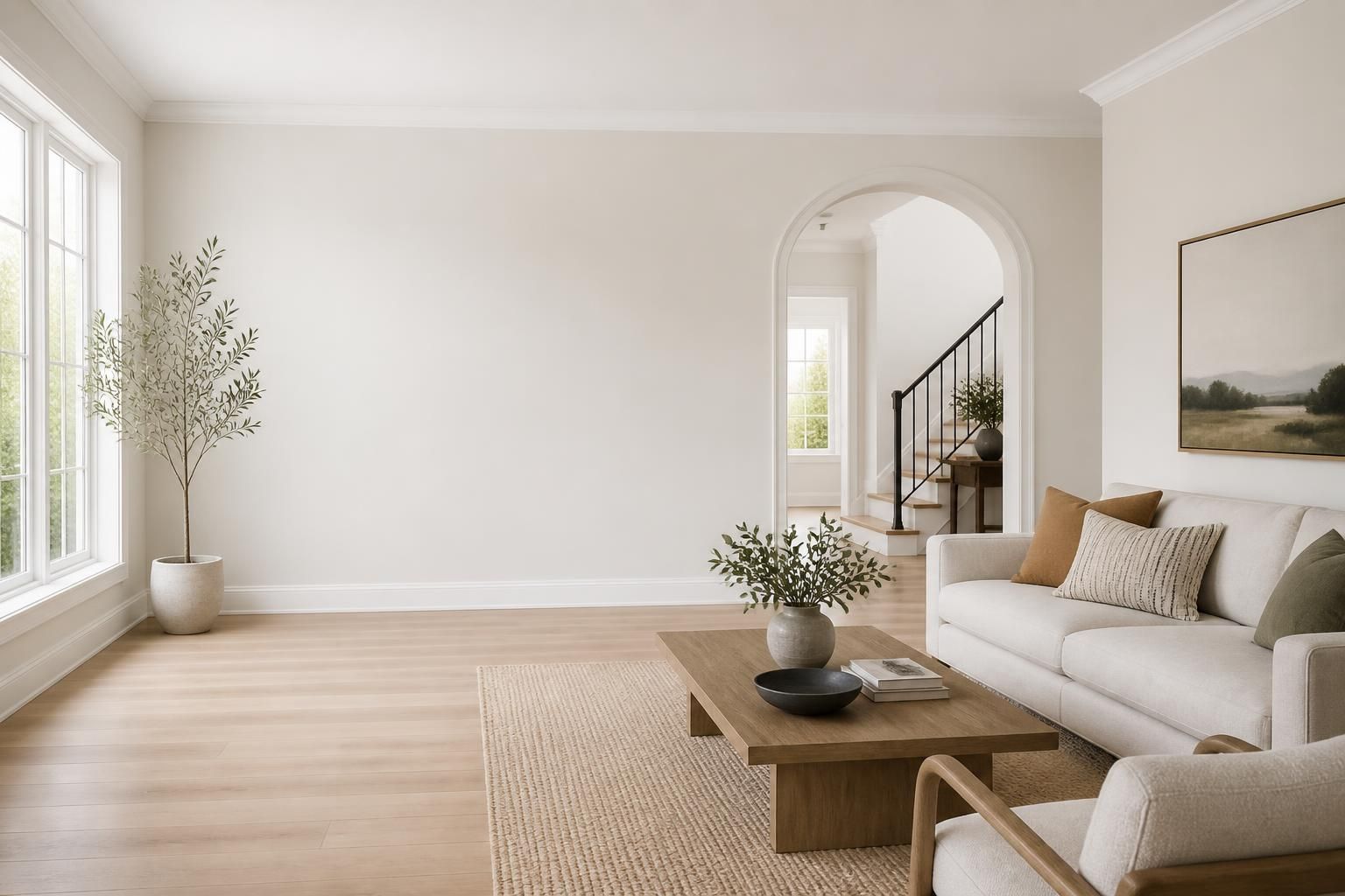 Bright finished living space with freshly painted walls and open space